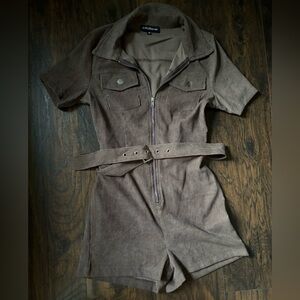Amazon Brown Corduroy Belted Romper with Collar and Grommets